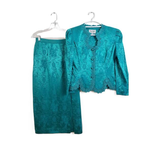 N4) VTG Nah Nah Collection Womens Suit Skirt Set Size 8 Padded Blazer Green USA - Picture 1 of 16